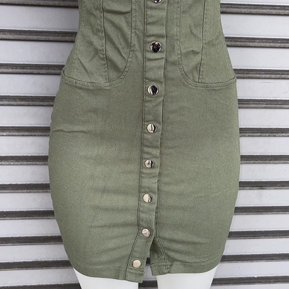 Fashion Nova Rollin With My Friends Twill Mini Olive Dress Size L - Picture 6 of 14